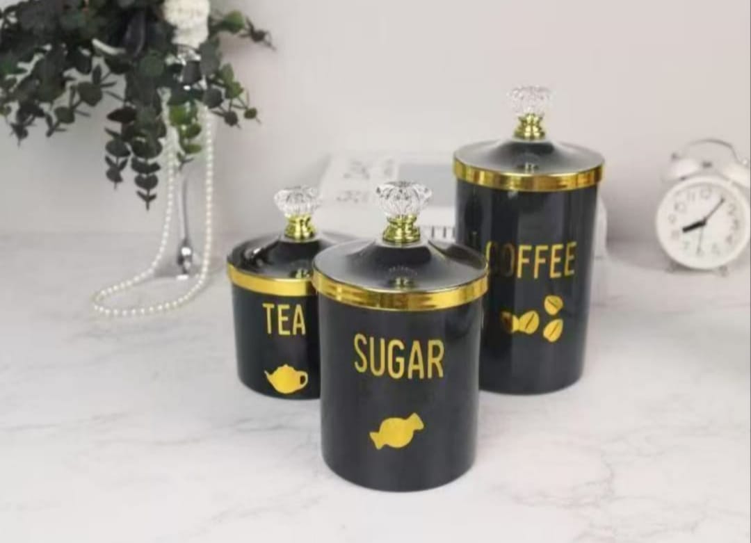 Luxury Black & Gold Tea Sugar Coffee Canister 3pcs set
