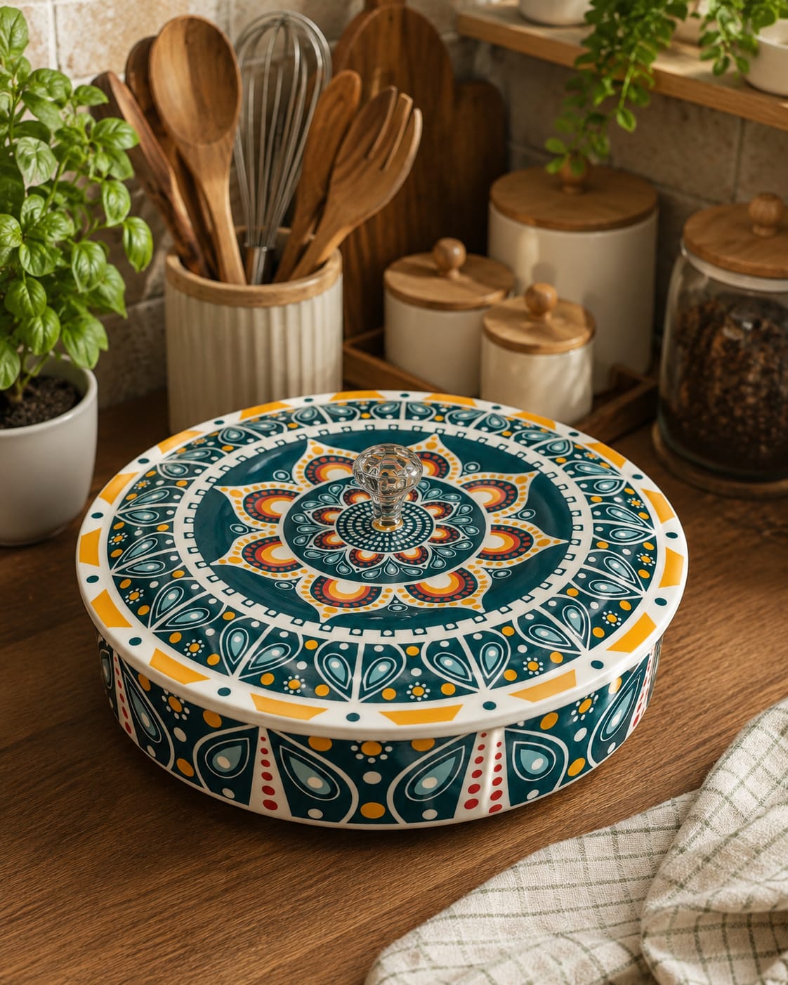 Melamine Mandala Roti Box – Chapati & Naan Box with Crystal Knob Lid bread box