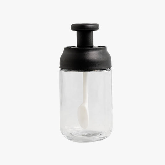 4 in 1 Wooden Base Glass Spice Jar Set Heavy with spoon attached with lid