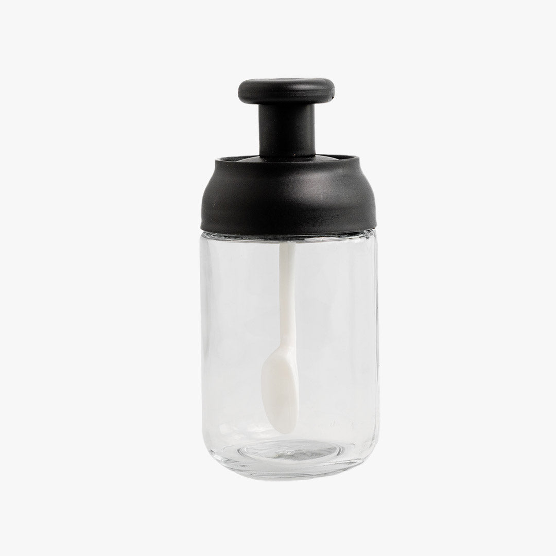 4 in 1 Wooden Base Glass Spice Jar Set Heavy with spoon attached with lid