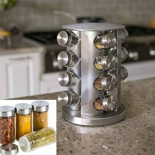 16pcs rotating glass spice jar rack set masala jars