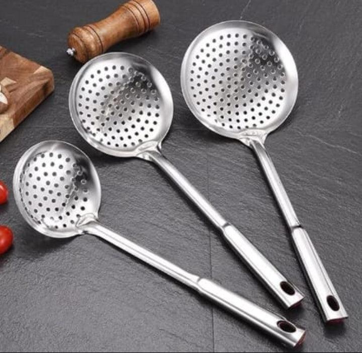 Stainless steel perforated skimmer spoon jhara in three sizes