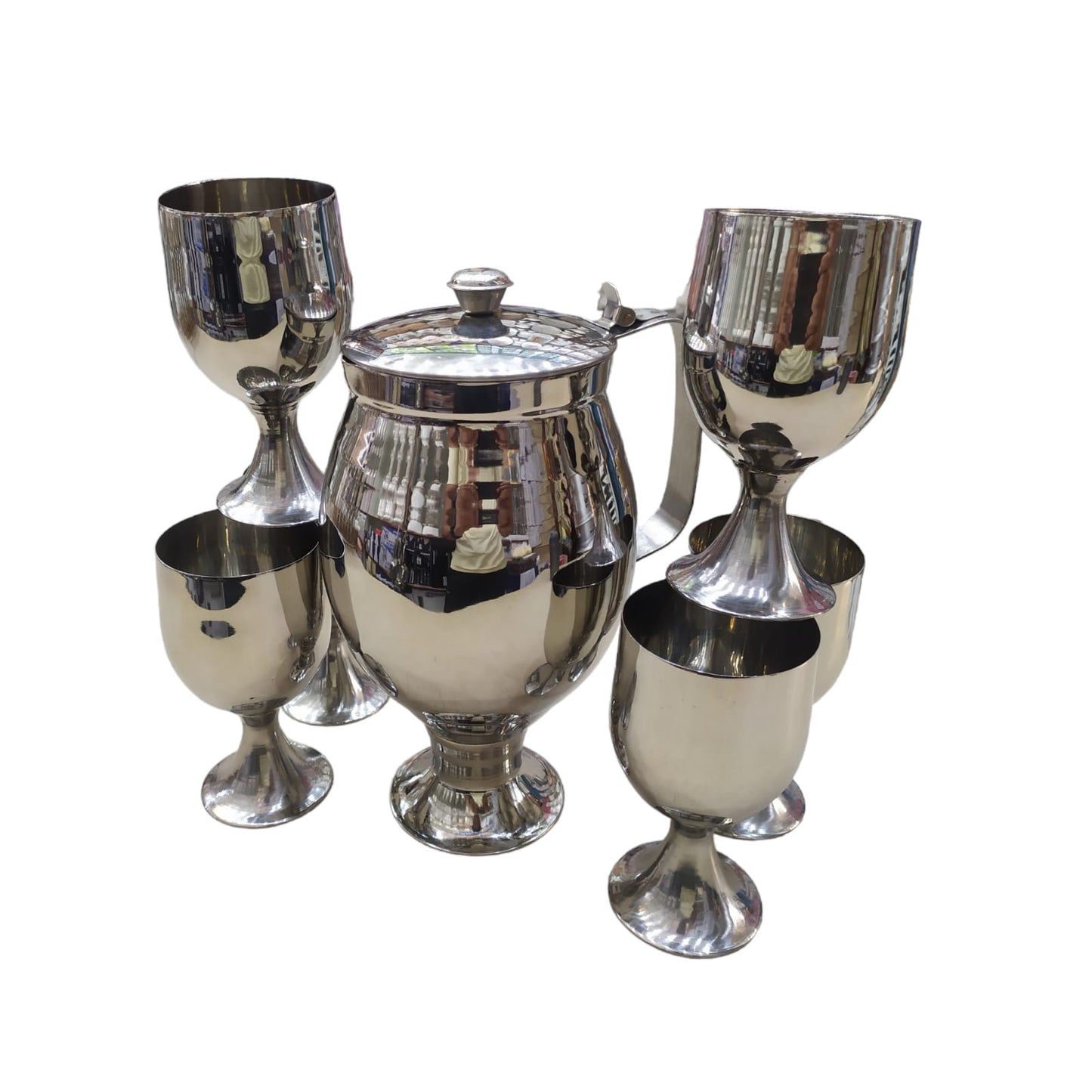 7 Pcs Stainless Steel Vine / Goblet Style Water Set, 6 Glass(300ml) And 1 Jug(1500ml) WIth Stand Base