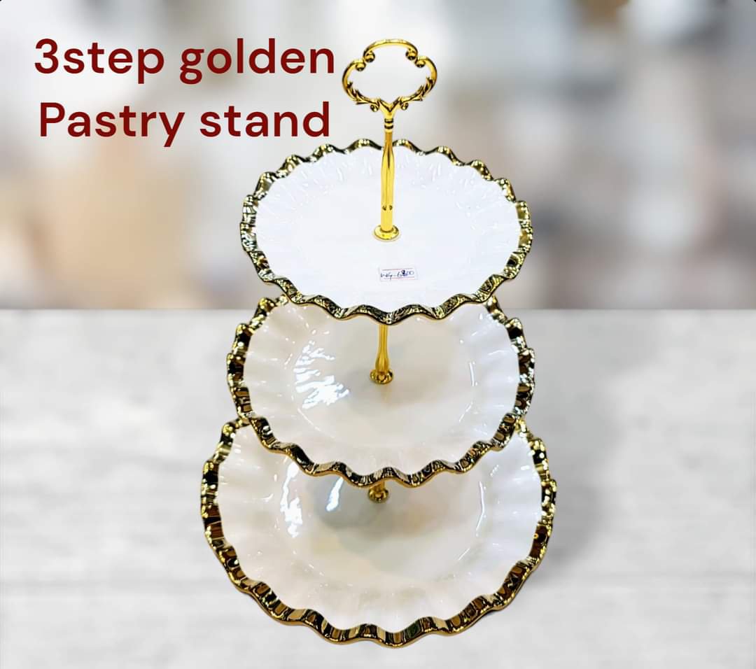 3 Step Ceramic Golden White Pastry Stand