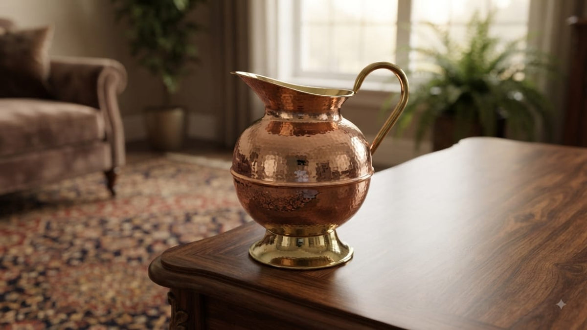 hammered copper water pitcher featuring a polished brass handle and a matching flared base