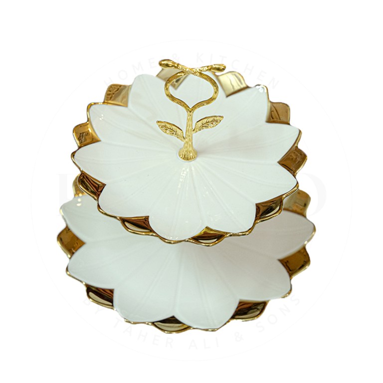 Ceramic cake stand 2 tier golden stand floral design