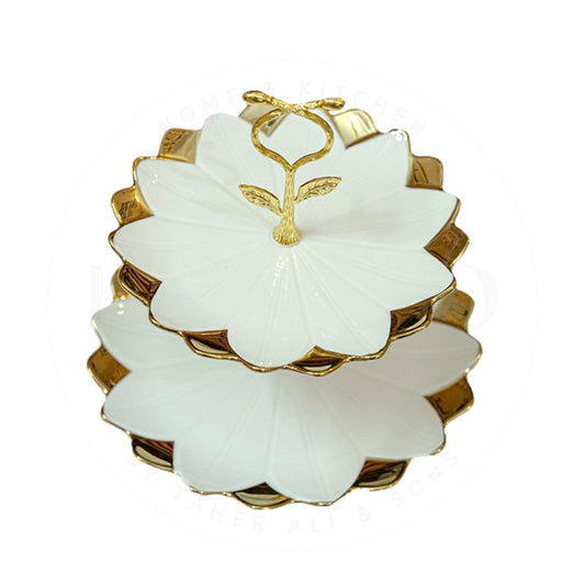 Ceramic cake stand 2 tier golden stand floral design