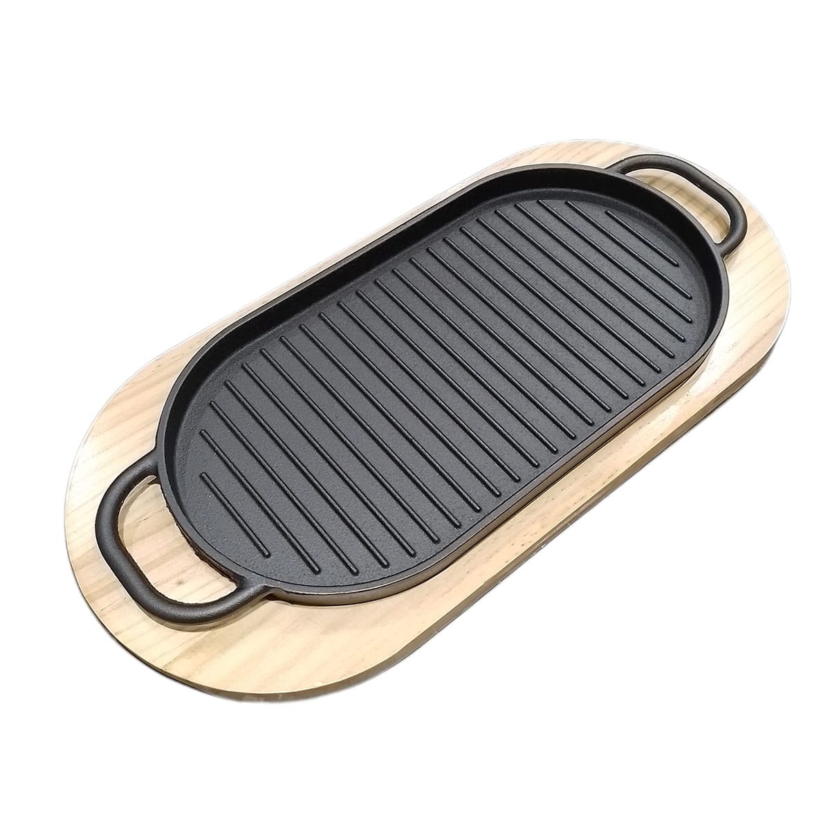 Cast Iron Grill Pan with Wooden Tray – Black
