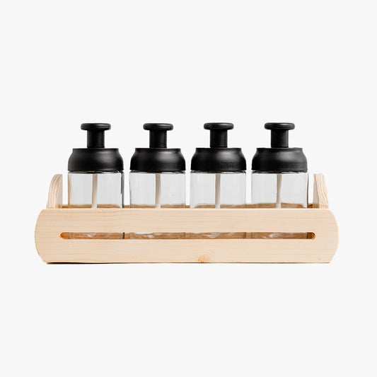4 in 1 Wooden Base Glass Spice Jar Set Heavy with spoon attached with lid