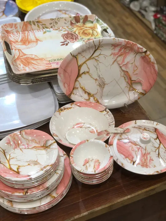 Melamine pink marble design plates double glaced unbreakable