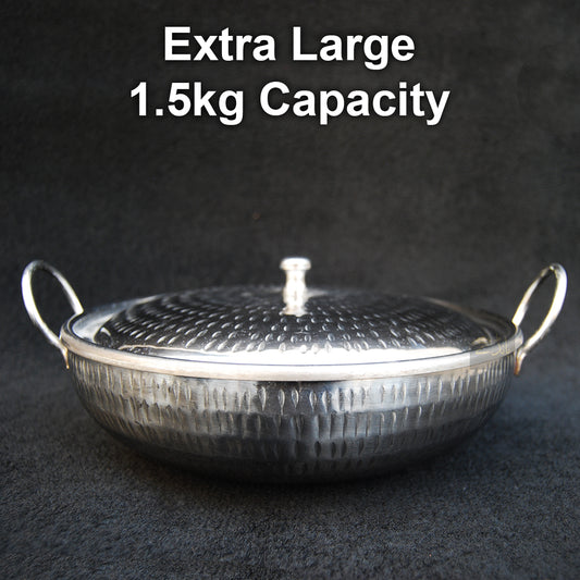 Serving Karahi Hammered Stainless Steel with Steel lid 6 Sizes