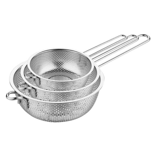 Stainless steel perforated colander and mesh strainer set.