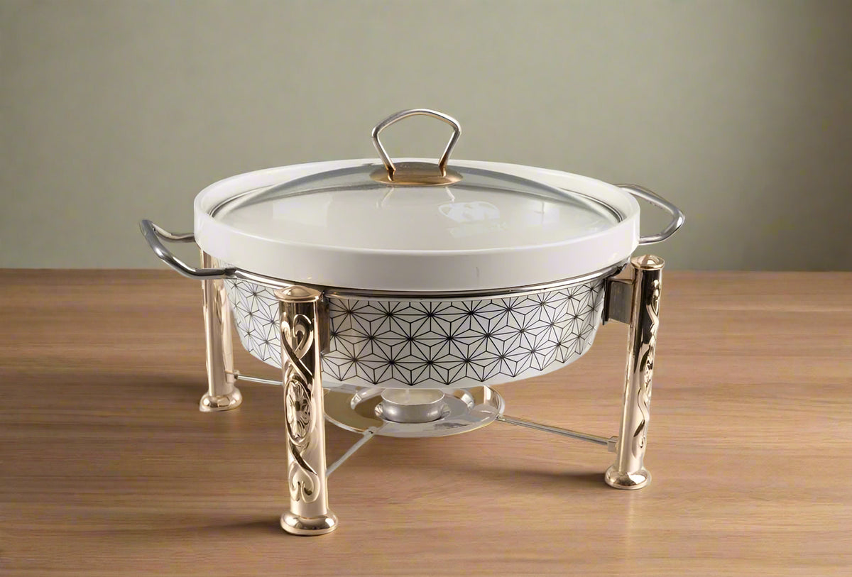 Ceramic Bowl Buffet Donga Chafing Dish with Glass Lid & Candle Warmer | Gold Leg Food Warmer for Wedding & Dawat | Price in Pakistan