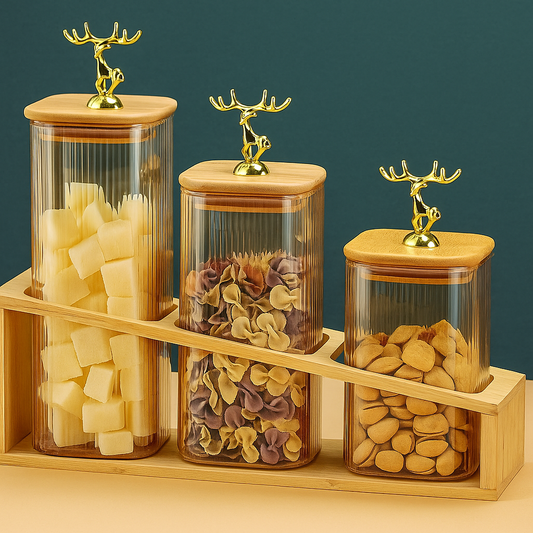 Luxury Glass Storage Jar Set with Golden Deer Lid & Bamboo Stand