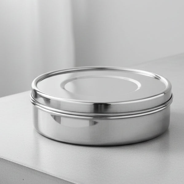 3pcs set Stainless Steel Flat Storage Box with Steel Lid | Round Steel Dabba for Papad puri, Biscuits & Dry Fruits
