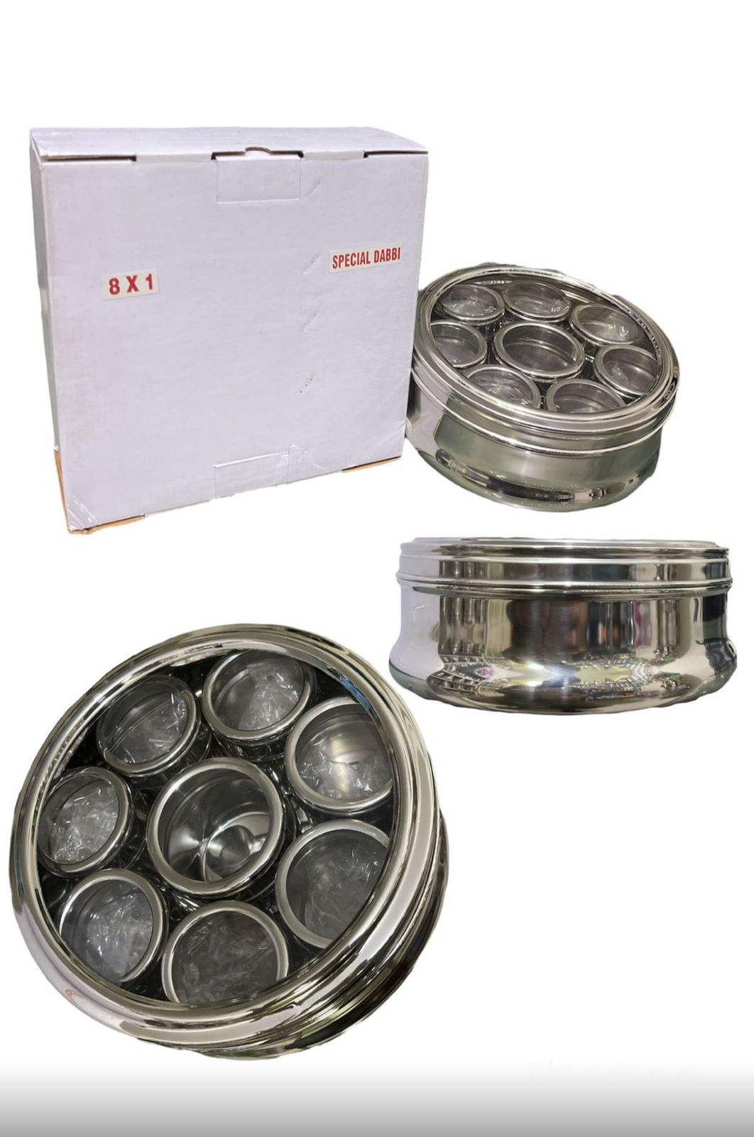 Imported Steel Spice box heavy 8 jars with acrylic lids beautiful