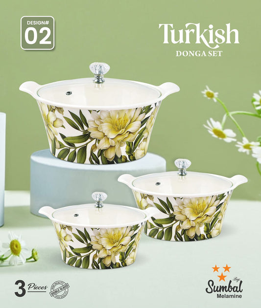 Melamine double glazed donga set serving with glass lid turkish design best quality wholesale melamine dinner set in Pakistan