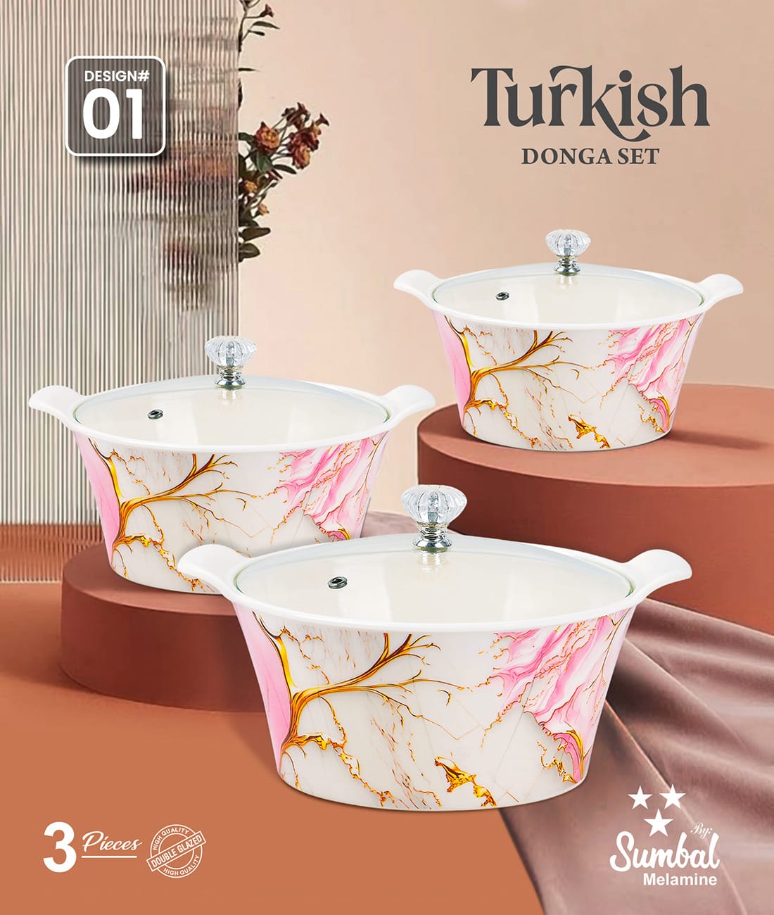 Melamine double glazed donga set serving with glass lid turkish design best quality wholesale melamine dinner set in Pakistan