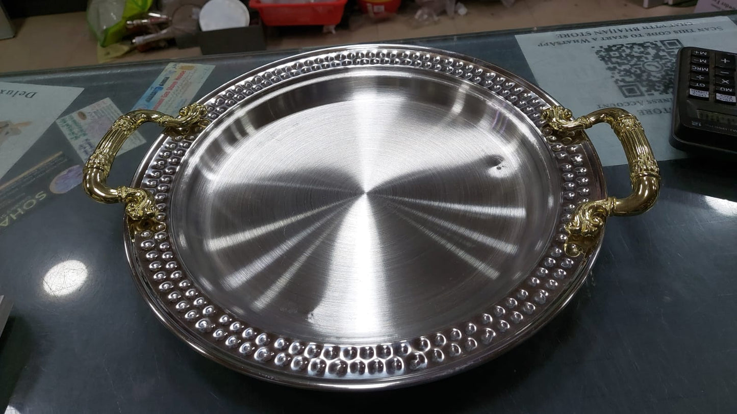 Bbq platter Tray hammered stainless steel beautiful with golden handles