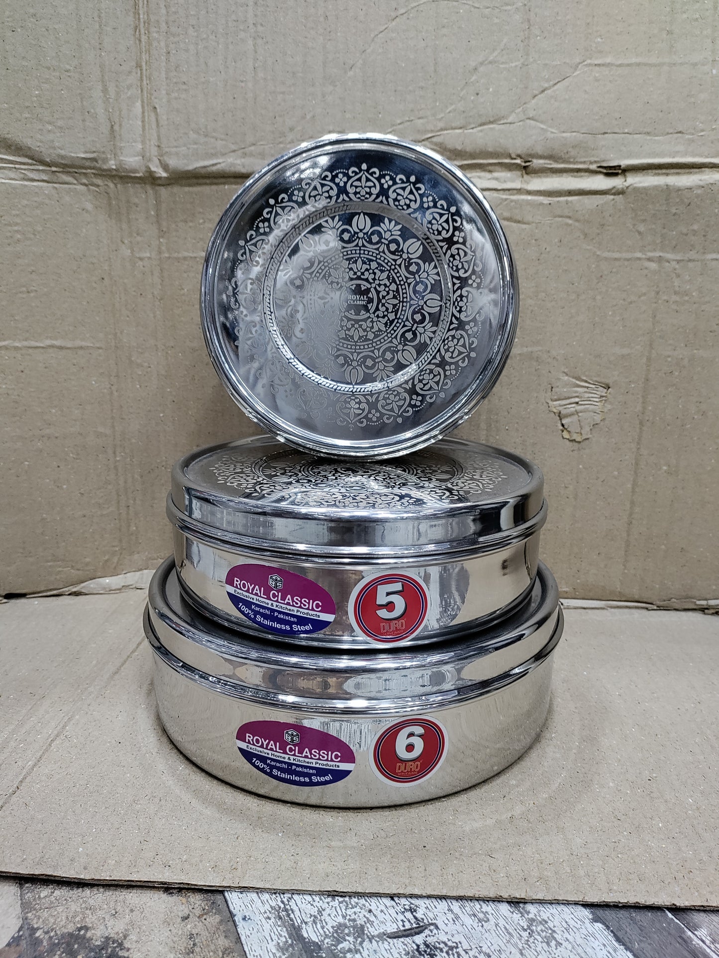 Steel Puri papad chocolate storage box Dabba Set Laser Flower Print