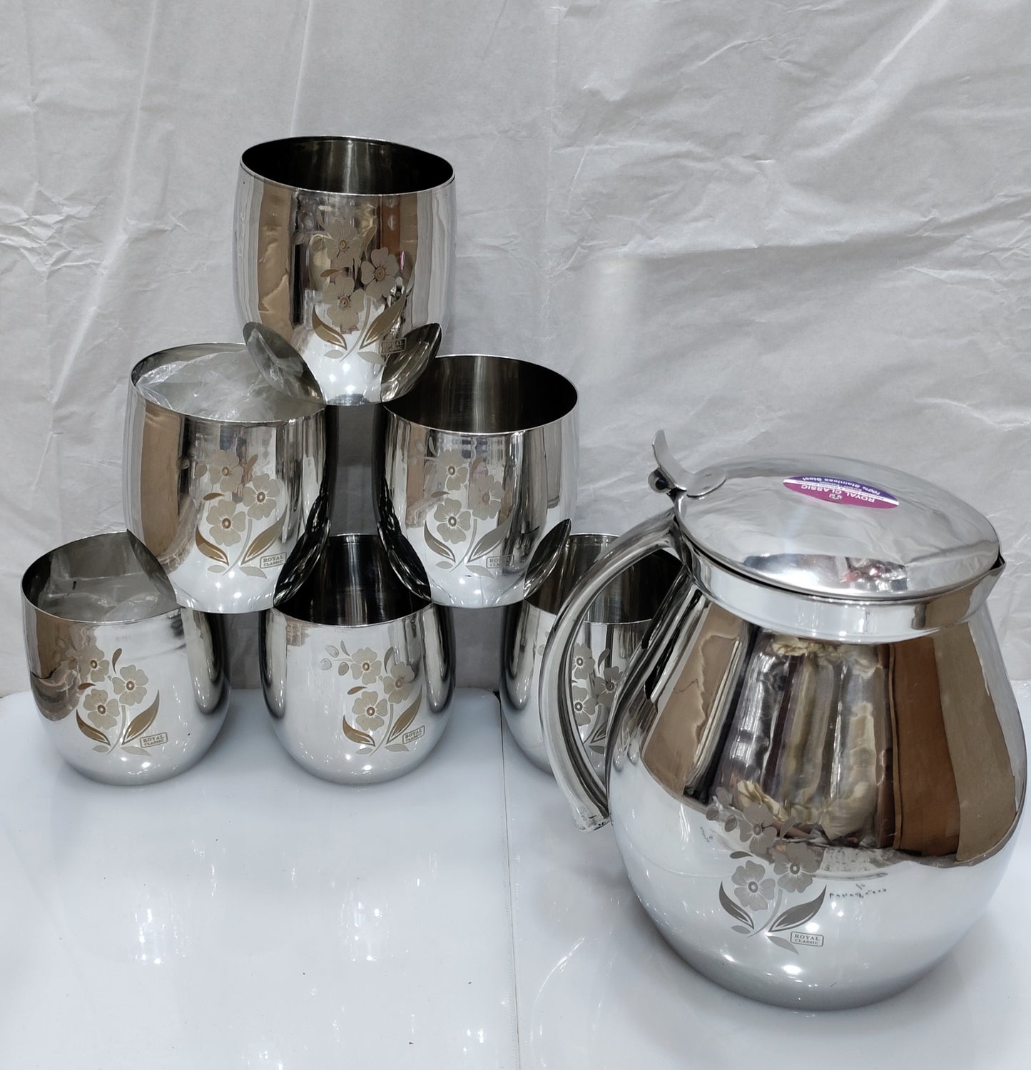 Egg shape heavy Premium Steel water set 1 jug 6 glass flower design