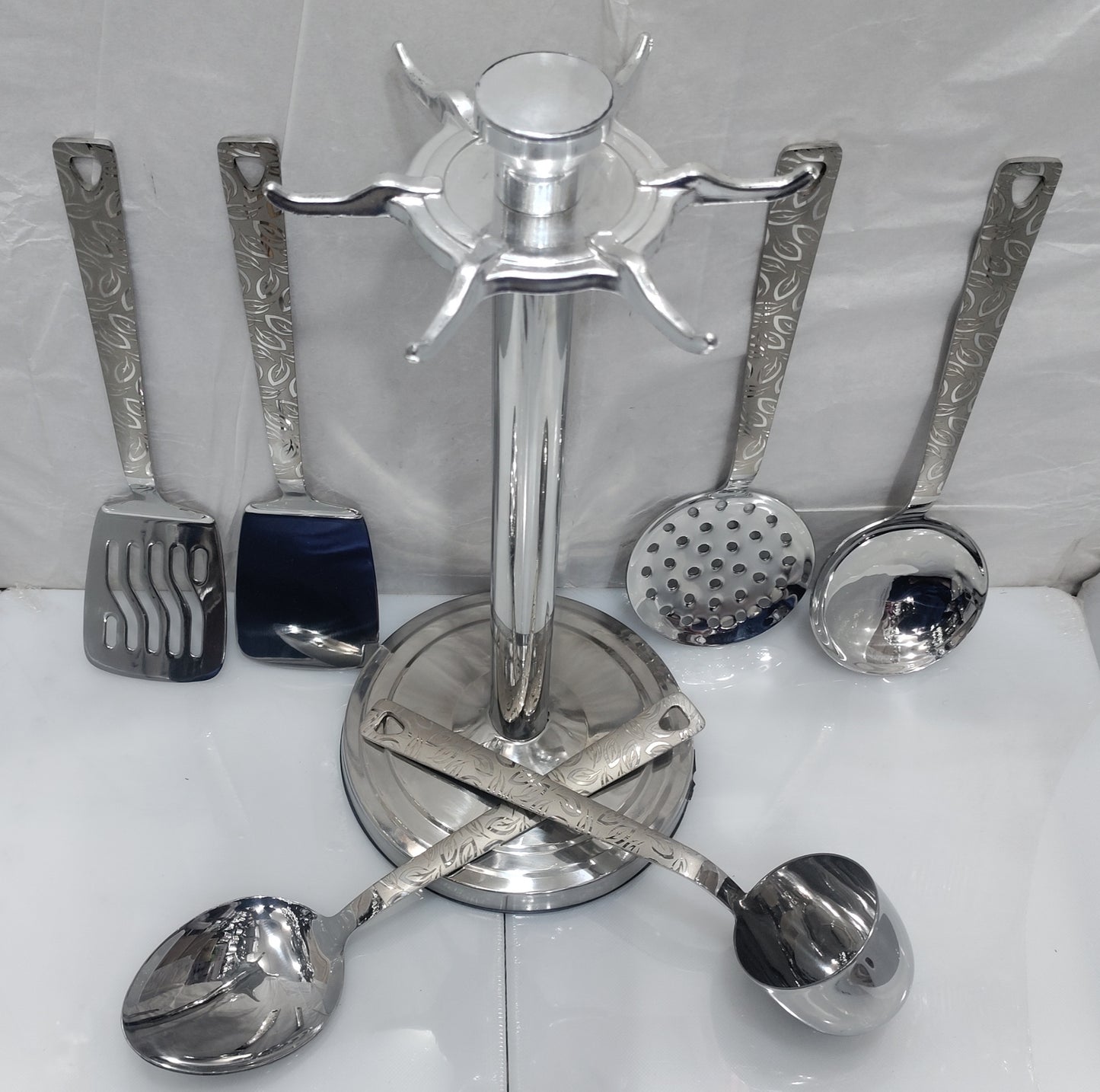 Stainless steel Laser Print kitchen spoon set with stand heavy material