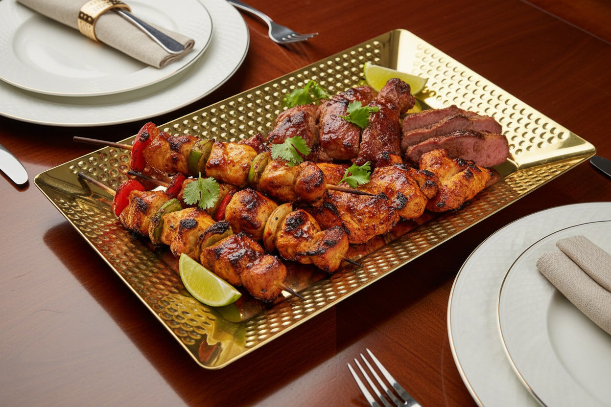 bbq plate tray platter stainless steel golden