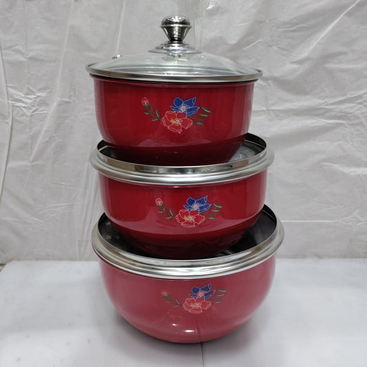 3pcs set stainless steel Color Serving donga with glass lid