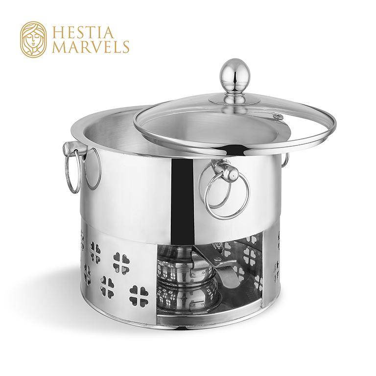 Stainless steel serving dish with burner