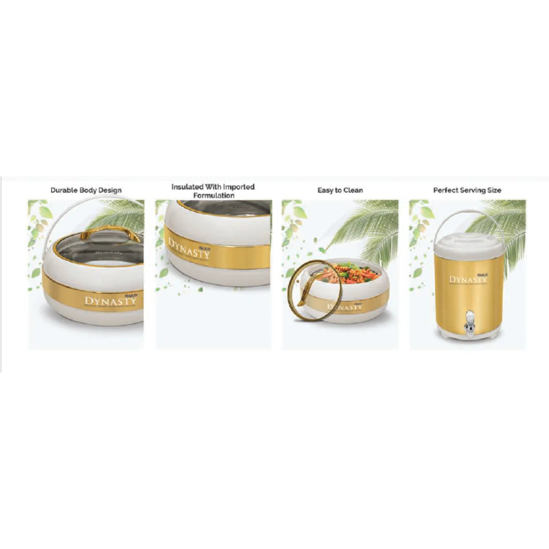 Dynasty Premium White & Gold Hotpot Food warmer and Water Cooler Set 4-Pcs