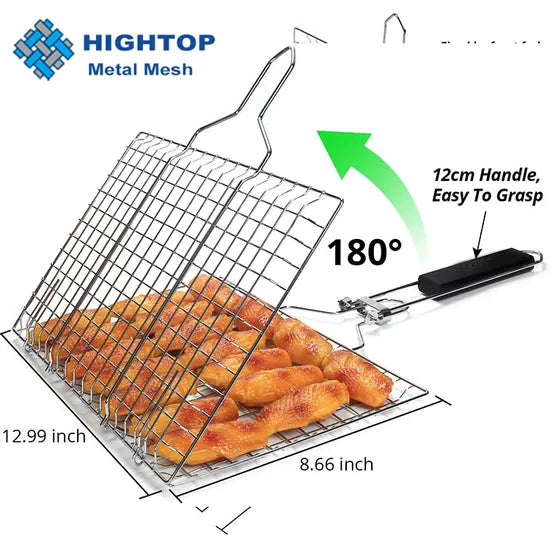 Imported BBQ Barbecue Grill Basket Premium Stainless Steel Wooden Handle Wire Net For outdoor Cooking
