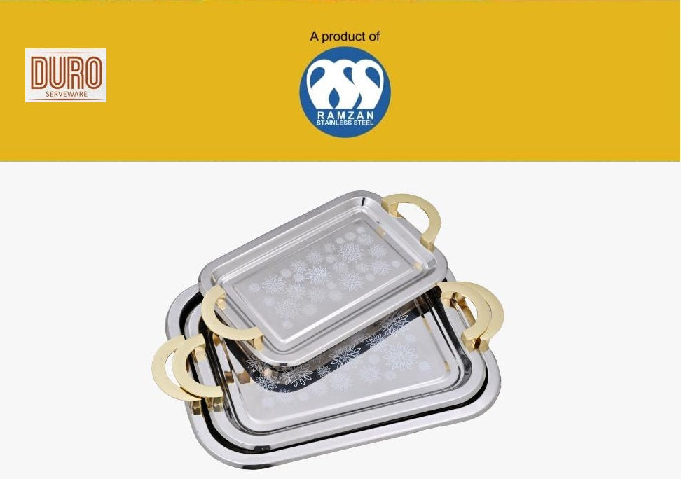 3 pcs silver tray set flower design