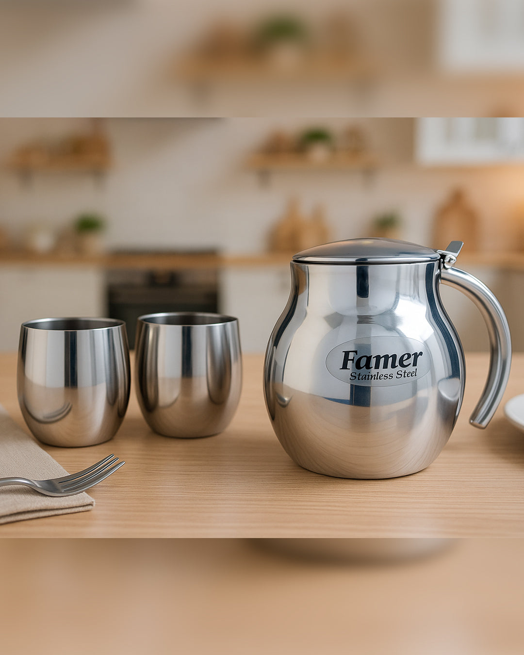 apple shape 7 Pcs Stainless Steel Water Set, 6 Glass(300ml) And 1 Jug(1500ml)