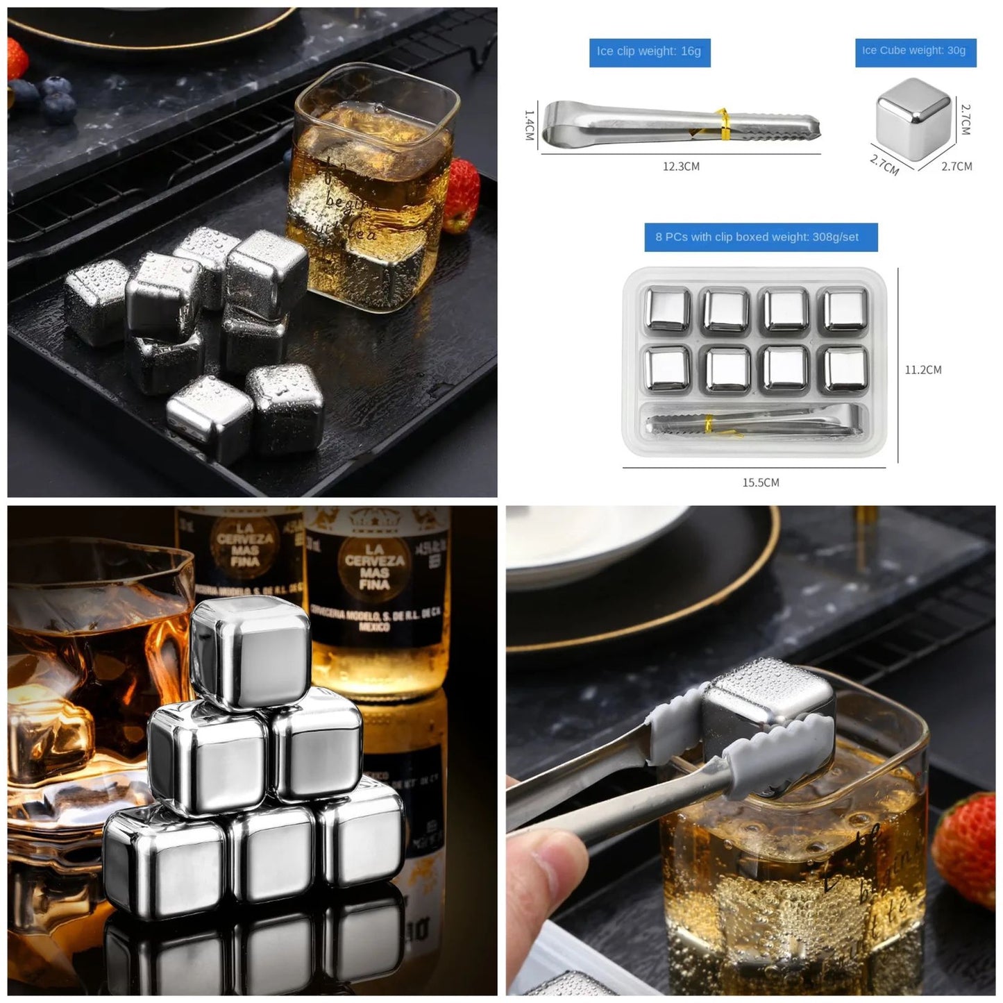8 pcs Reusable Ice Cubes Stainless Steel With Tong
