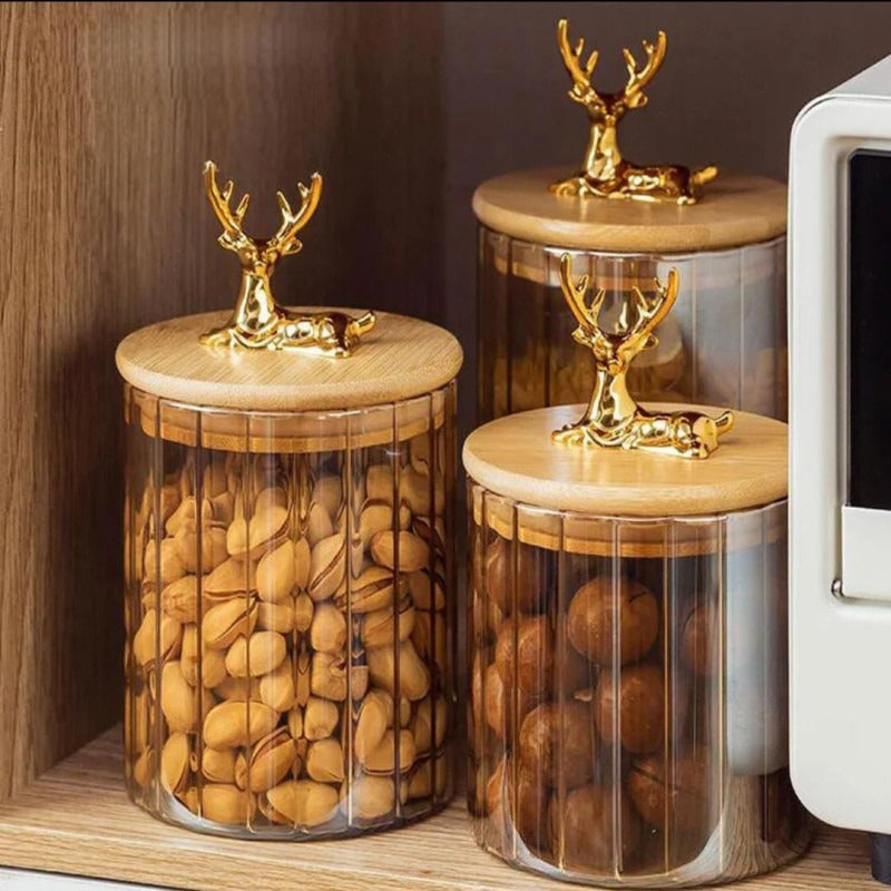 Golden Deer Jar With Wooden Lid