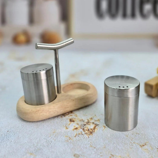 Set of 2 - Salt & Pepper Shakers with Wooden Base