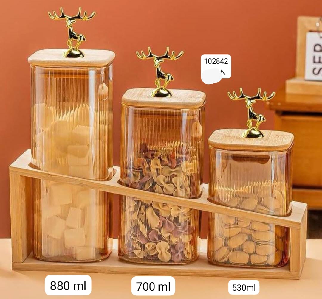 Luxury Glass Storage Jar Set with Golden Deer Lid & Bamboo Stand