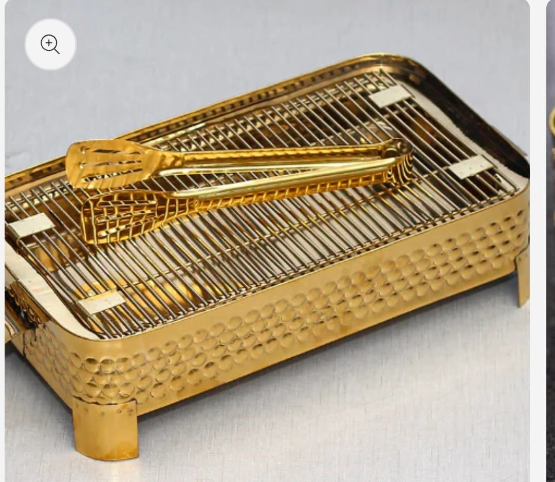 Stainless steel golden barbeque serving grill with tong