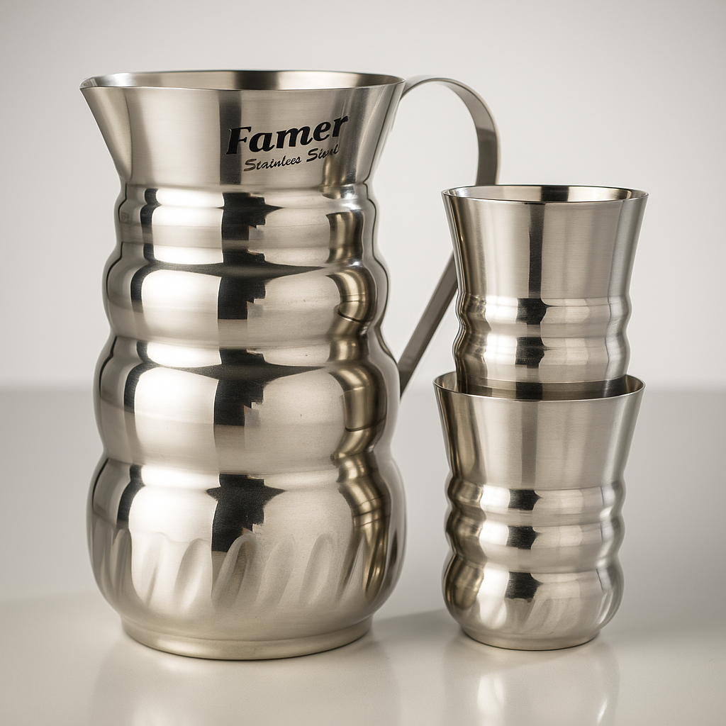 7 Pcs heavy unique Stainless Steel Water Set 6 glass 1 jug
