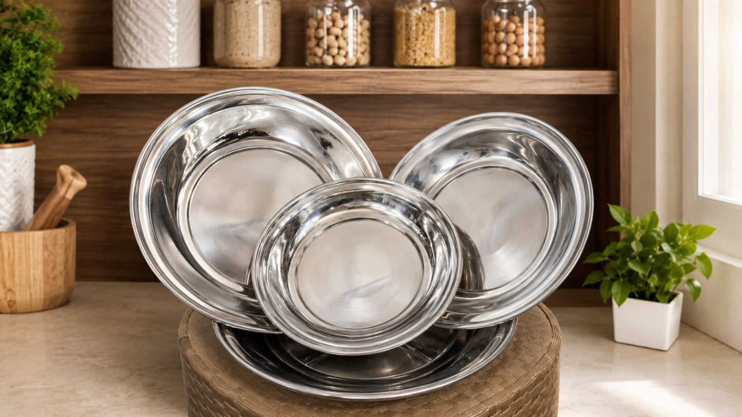 stainless steel plates for dining and serving.