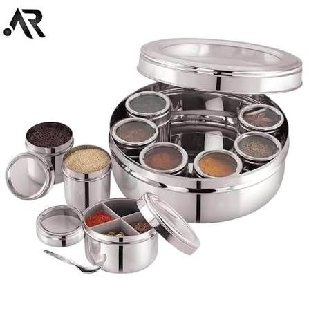 Imported Steel Spice box heavy 8 jars with acrylic lids beautiful