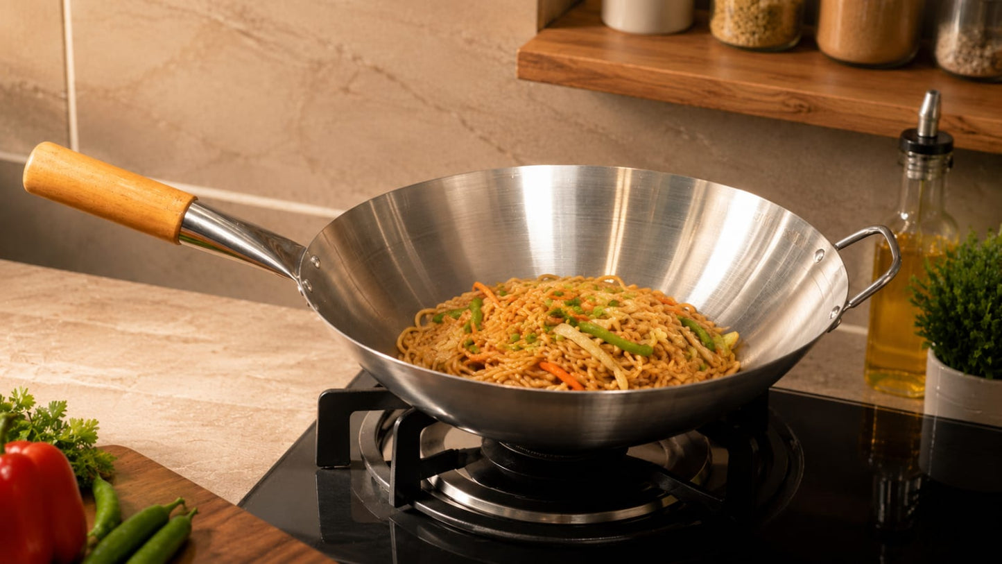 3-ply stainless steel wok with wooden handle
