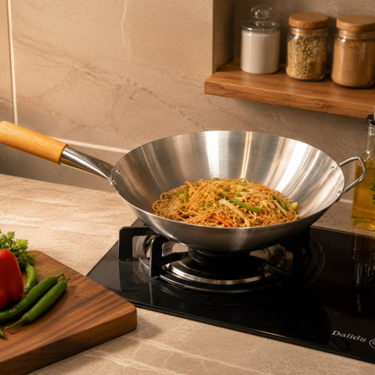 STainless steel chinese wok cookin.gwok karahi with wood 
handle karachi pakistan punjab islamabad lahore chinese product daraz.pk chef tools hotel restaurants