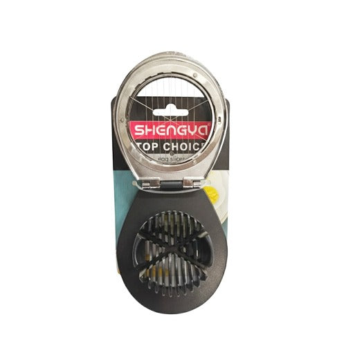 Stainless steel egg slicer.