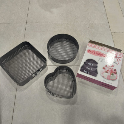 3-piece non-stick springform cake pan set  heart ,round, and square shapes.