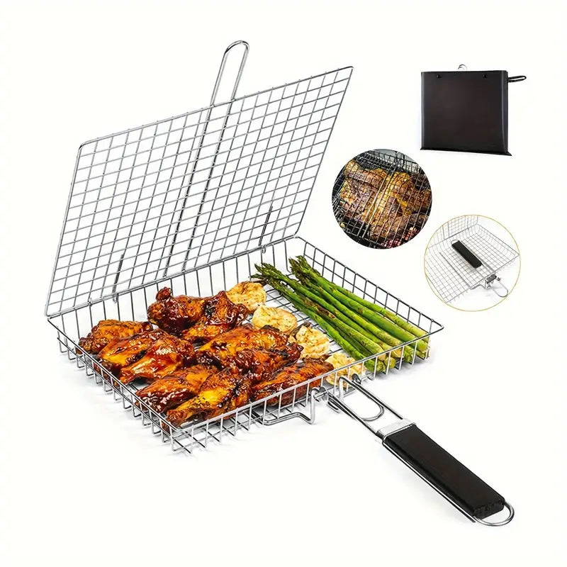 BBQ Barbecue Grill Basket Premium Stainless Steel Wooden Handle Wire Net For outdoor Cooking