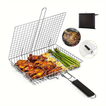 BBQ Barbecue Grill Basket Premium Stainless Steel Wooden Handle Wire Net For outdoor Cooking