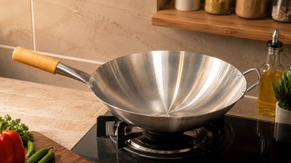 3-ply stainless steel wok with wooden handle