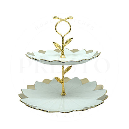 Ceramic cake stand 2 tier golden stand floral design