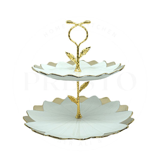 Ceramic cake stand 2 tier golden stand floral design